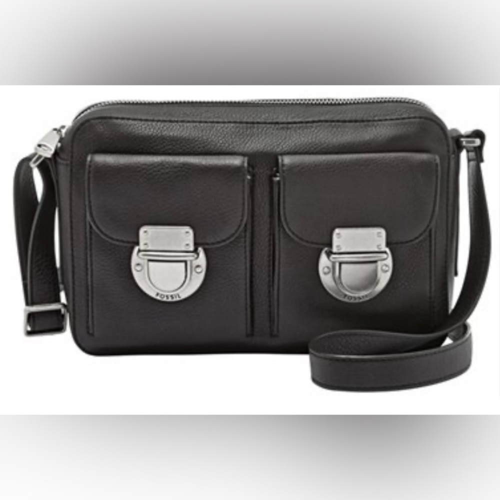 Fossil Black Leather Cossbody Handbag purse with silver hardware